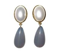 Leichte sehr große Ohrstecker Ohrringe vergoldet Stein perlmutt-weiß Anhänger blau-grau tropfen-förmig Designer JUSTWIN klassisch elegant chic