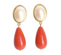 Leichte sehr große Ohrstecker Ohrringe vergoldet Stein perlmutt-weiß Anhänger korall-rot tropfen-förmig Designer JUSTWIN klassisch elegant