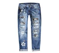 Leichte Sommerjeans Damen New Street Bedruckte, Perforierte, Gerade Jeanshose Schlupfjeans