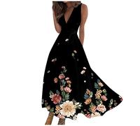 Leichte Sommerkleider A Linien Kleid Damen Sommer Empirestil High Waist Kleider Elegant Lange Deep V Luftige Sommerkleider Blumenmuster Geblümt Brautkleid Standesamt Gemustert Bedruckt