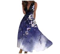 Leichte Sommerkleider A Linien Kleid Damen Sommer Empirestil High Waist Kleider Elegant Lange Deep V Luftige Sommerkleider Blumenmuster Geblümt Brautkleid Standesamt Gemustert Bedruckt