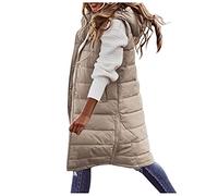 Leichte Steppweste Lang Große Größen Daunenweste Damen Mit Kapuze Vest Ärmellos Lange Warm Westen Winter Beige Longweste Outdoor Leicht Sweatjacke Oversize ReißVerschluss Kapuzenjacke Hoodie