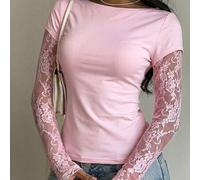Leichtes rosa gestricktes Spitzen-Patchwork 2-in-1 Damen Langarm-Top, transparentes Top
