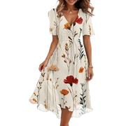 Leichtes Sommerkleid Damen mit V-Ausschnitt und Blumenprint Fließendes Midikleid für Strand Urlaub und Freizeit Bequemes Freizeitkleid Complexion M