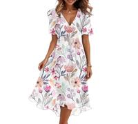 Leichtes Sommerkleid Damen mit V-Ausschnitt und Blumenprint Fließendes Midikleid für Strand Urlaub und Freizeit Bequemes Freizeitkleid Light pink XXL