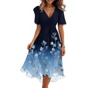 Leichtes Sommerkleid Damen mit V-Ausschnitt und Blumenprint Fließendes Midikleid für Strand Urlaub und Freizeit Bequemes Freizeitkleid Navy L