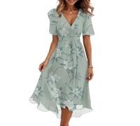 Leichtes Sommerkleid Damen mit Wickeloptik und V-Ausschnitt Midikleid mit Blumenprint für Strand Urlaub und Freizeit Bequemes Freizeitkleid Mint Green S