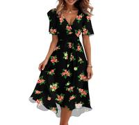 Leichtes Sommerkleid Damen mit Wickeloptik und V-Ausschnitt Midikleid mit Blumenprint für Strand Urlaub und Freizeit Bequemes Freizeitkleid Black XL