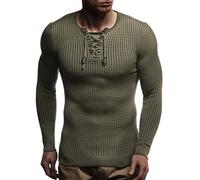 Leif Nelson Herren dünner Strick-Pullover Rundhals-Ausschnitt Slim Fit Winter Sommer Moderner Männer Winterpullover Wollpullover Langarm Crew Neck Feinstrick LN1605 Khaki-Schwarz XX-Large