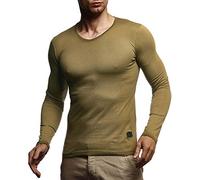 Leif Nelson Herren Langarmshirt Basic Pullover V-Ausschnitt Slim Fit Männer Pulli Sweatshirt V-Kragen Shirt Langarm Longsleeve V-Neck LN8372; Größe XL, Khaki