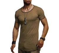 Leif Nelson Herren Sommer T-Shirt Rundhals-Ausschnitt Slim Fit Baumwolle-Anteil Moderner Männer T-Shirt Crew Neck Hoodie-Sweatshirt Kurzarm lang LN8209 Khaki Medium