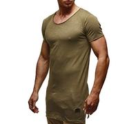 Leif Nelson Herren Sommer T-Shirt Rundhals-Ausschnitt Slim Fit Baumwolle-Anteil Moderner Männer T-Shirt Crew Neck Hoodie-Sweatshirt Kurzarm lang LN6336 Khaki X-Large