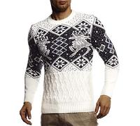 Leif Nelson Herren Strickpullover Norwegerpullover Pullover mit Rundkragen Winterpullover Männer Pulli für Weihnachten Winter Norweger Muster Slim Fit Crew Neck LN20761 L Ecru
