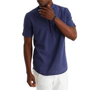 Leif Nelson Leinenhemd Herren Sommer Kurzarm Blau/Henley Hemd für Freizeit und Business/Gemischt aus Leinen und Baumwolle/Regular Fit Größe S