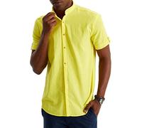 Leif Nelson Leinenhemd Herren Sommer Kurzarm Gelb/Henley Hemd für Freizeit und Business/Gemischt aus Leinen und Baumwolle/Regular Fit Größe S