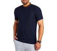 Leif Nelson T-Shirt Herren Feinstrick Sommer Grandad Kragen Basic Männer Shirt Crew Neck Jungen Kurzarmshirt Kurzarm Sleeve LN7705 Blau Größe XXL