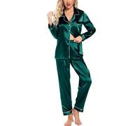 Leikar Seiden-Pyjama, langärmelig, Pyjama-Sets für Damen, weich, mit Knopfleiste, Dunkelgrün, Größe S