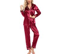 Leikar Seiden-Pyjama, langärmelig, Pyjama-Sets für Damen, weich, mit Knopfleiste, Weinrot, Größe L