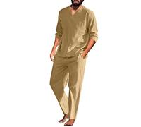 Leinen-Anzug Herren Kurzarm Sommer - Sportanzug Set Henley Leinenhemd & Leicht Leinenhose Regular Fit Freizeitanzug Einfarbig Hausanzug Weich Schlafanzug Locker Casual Trainigsanzug