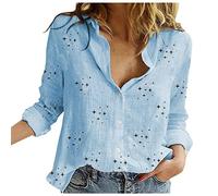 Leinen Bluse Damen Retro Einfarbig Leinenhemd Einreihiges Hemd Langarm Revers Hemdbluse Sommer Shirt Bequeme Blusenshirt Locker Oberteile Urlaub Strand Tunika Tops Blusen & Tuniken für Damen Hemden