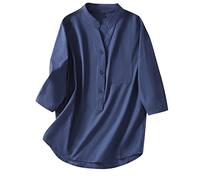 Leinen Bluse Damen Retro Oversize Leinenbluse 3/4 Ärmel T-Shirt Einfarbig Leinenhemd Oberteile Dünn Longbluse Lose Rundhals Pullover Tshirt Teenager Mädchen Tunika Shirt Sommer Tops Hemden für Frauen