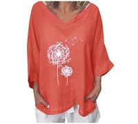 Leinen Bluse Damen Retro Oversize Leinenbluse 3/4 Ärmel T-Shirt Einfarbig Leinenhemd Oberteile Leichte Longbluse Lose Rundhals Pullover Tshirt Tunika Sommer Tops Basic Shirt Sportshirt für Outdoor