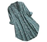 Leinen Bluse Damen Sommer Blumenmuster Knopfleiste Übergröße Oberteile Tunika Longshirt Grosse Grössen Leinenoberteile Leinenbluse Lose Elegant Pullover T Shirt Tops, Grün, XL