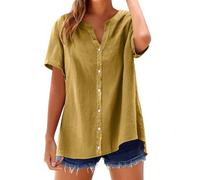 Leinen Bluse Damen Sommer Kurzarm Shirt Top Stand Solid Color Sleeve Collar Casual Women's Basic Shirts Baumwollshirt Blusen Italienische T-Shirt Oversize Große Größen T Tshirt Langes Baumwolle Gelb