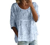Leinen Bluse Damen Sommer Kurzarm T-Shirt Mit Print Halbarm Rundhalsausschnitt 3/4-Ärmel Lockeres In Großer Größe Langes Tshirt Blusenshirt Mode Für Shirt T Shirts Oversized T-Shirts Lang Hellblau