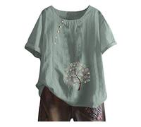 Leinen Bluse Damen Sommer Kurzarm Übergröße Hemdbluse Oberteile Leinenbluse Grosse Grössen Leinenoberteile Tshirt Tunika Elegante Casual Blumen Print Mode Lose T Shirt Pullover Tops, 2#grün2, L