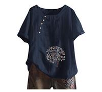 Leinen Bluse Damen Sommer Kurzarm Übergröße Hemdbluse Oberteile Leinenbluse Grosse Grössen Leinenoberteile Tshirt Tunika Elegante Casual Blumen Print Mode Lose T Shirt Pullover Tops, 2#marine2, 5XL