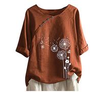Leinen Bluse Damen Sommer Kurzarm Übergröße Hemdbluse Oberteile Leinenbluse Grosse Grössen Leinenoberteile Tshirt Tunika Elegante Casual Blumen Print Mode Lose T Shirt Pullover Tops, 1#rot1, XXL
