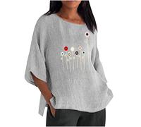 Leinen Bluse Damen Vintage Oversize Leinenbluse 3/4 Ärmel T-Shirt Einfarbig Leinenhemd Oberteile Leichte Longbluse Lose Rundhals Pullover Tshirt Blusentops Tunika Shirt Sommer Tops Longtops für Frauen