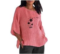 Leinen Bluse Damen Vintage Oversize Leinenbluse 3/4 Ärmel T-Shirt Einfarbig Oberteile Leinenhemd Dünn Longbluse Lose Rundhals Pullover Tshirt Teenager Mädchen Shirt Tunika Tops Streetwear für Frauen