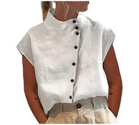 leinen Bluse hemdbluse Damen lang Tunika große größen Einfarbig Baumwoll Stehkragen Kurzarm Button Down Musselin Nachthemd(Weiß, S)