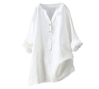 Leinen Bluse Leinenbluse Damen Elegant Langarm Damen Sommer Große Größe Tunika mit Knöpfen V-Ausschnitt Blusenshirt Damen Langarmshirt Leinen Baumwolle Hemd Oberteile Shirt Longbluse