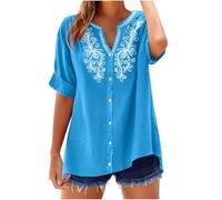 Leinen Hemd Damen Sommer Stickerei V-Ausschnitt Hemd Kurze Ärmel Shirts mit Knöpfen Vintage Oberteil Leicht und Luftige Leinenbluse Einfarbig Oversized Blusen & Tuniken Baumwolle Leinen Tshirt
