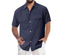 Leinen Hemd Herren Sommer Kurzarm Businesshemd Baumwolle Leinen Freizeithemd Sommerhemd Leinenhemd Herrenhemden Wanderhemd Regular Fit Trachtenhemd Dunkelblau 3XL