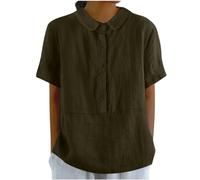 leinen Hemden Damen Longbluse Weiss sommerhemd Einfarbig Baumwoll Revers Kurzarm Musselin Tunika Sommer Oberteile stilltops(Armeegrün, XXL)