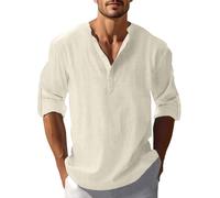 Leinen Hemden Herren Einfarbig Baumwolle Hemd Vintage Button Down Henley Shirts Regular Fit Businesshemd Casual Leicht Sommerhemd Bequeme Freizeithemd