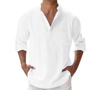 Leinen Hemden Herren Henley Shirt Langarm Leinenhemd Sommer Weißes Hemd Männer Sommerhemd Leicht Bügelfrei Freizeithemden Baumwolle Halber Button Down Regular Fit Tshirt Stehkragenhemd