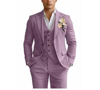 Leinen Herren-Anzüge 3-teilig Slim Fit Smoking-Anzug für Herren Strand-Hochzeit Formeller Business-Anzug Bräutigam Abschlussball Set Outfits, Dusty Purple (Purpur), XL