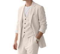 Leinen Herrenanzug 3-teilig Slim Fit Strand Homecoming Anzug für Herren Festlicher Party Blazer Weste Hose Set, Beige, S