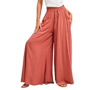 leinen hose damen, Hosenrock Damen Lang Elegant Boho Blume Sommerhose Palazzo Hose Einfarbig Hohe Taille Elastisch Freizeithose Weites Bein Hosen Bequeme Casual Sommer Strandhose Stoffhose Orange L