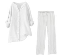 Leinen Hosenanzug Damen Set, Leinenbluse Damen Leinenhose,Sommer Outfits Damen Baumwolle Leinen Weite Hose und Oberteil V-Ausschnitt Bluse Elegant T Shirt Hosen 2 Teilig Kleidung für Frauen