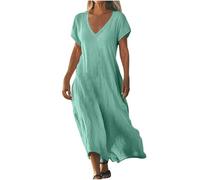 Leinen Kleid Damen, Musselin Kleid Damen Sommer Knielang Boho Style Sommerkleid Musselinkleid Baggy a Linie Baumwollkleid Freizeitkleider Luftige Baggy Leinen Sommerkleider Strandkleid