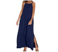Leinen Kleid Damen Sale, Sommerkleid Damen Leicht Freizeitkleid Sexy Ärmellos Spaghettiträger Freizeitkleider A-Linie Sommerkleider mit Taschen Kleider Knielang Casual Strandkleid Casual Trägerkleid