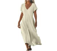 Leinen Kleid, Leinenkleid Damen Sommer Baggy Knielang Baumwollkleid Sommerkleid Boho Style Leinen Musselinkleid Strandkleid Luftige Leicht Baggy Freizeitkleider Sommerkleider