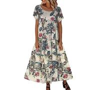 Leinen Kleid, Musselin Kleid Damen Knielang Boho Style Sommer Musselinkleid Baumwollkleid Baggy Leicht Sommerkleid Sommerkleider Luftige a Linie Baggy Strandkleid Freizeitkleider