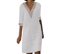 Leinen Kleider Damen Elegant, Midikleid Damen Sommer, Casual Freizeitkleid Boho A-Linie Kleid V-Ausschnitt Leinen Kleider Lose Tunika Freizeitkleid